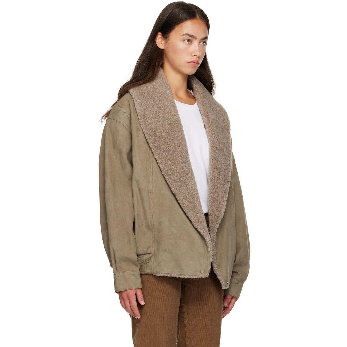 Stella McCartney Beige Vegan Suede Plush-Trimmed Jacket