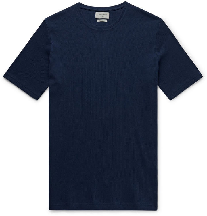 Photo: Oliver Spencer Loungewear - Miverton Slim-Fit Ribbed Recycled Cotton-Blend T-Shirt - Blue