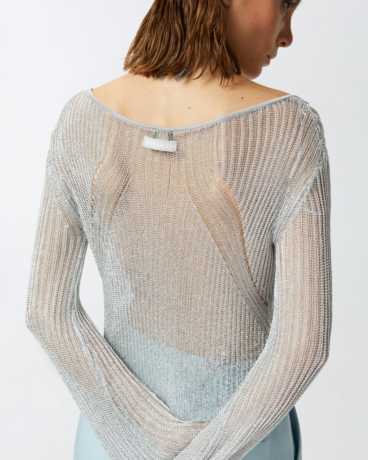 Pinko Metallic Transparent Sweater With Wide Neckline Pearl Grey