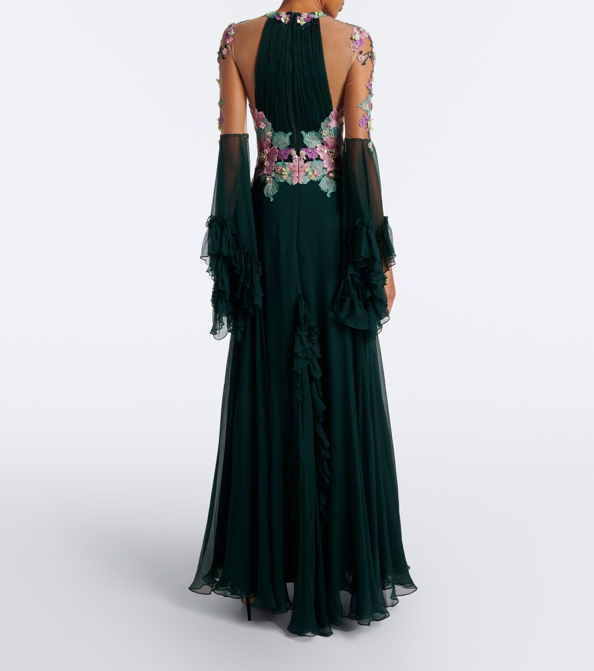 Costarellos Embellished floral-appliqué silk gown