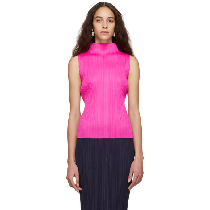 ISSEY MIYAKE FETE ボトルネックカットソー　ピンク Pleats Please Issey Miyake Pink Pleated Sleeveless Turtleneck