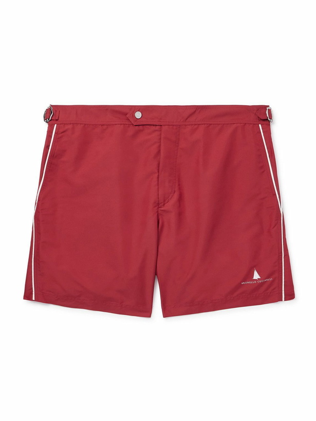Photo: Brunello Cucinelli - Straight-Leg Mid-Length Logo-Print Swim Shorts - Red