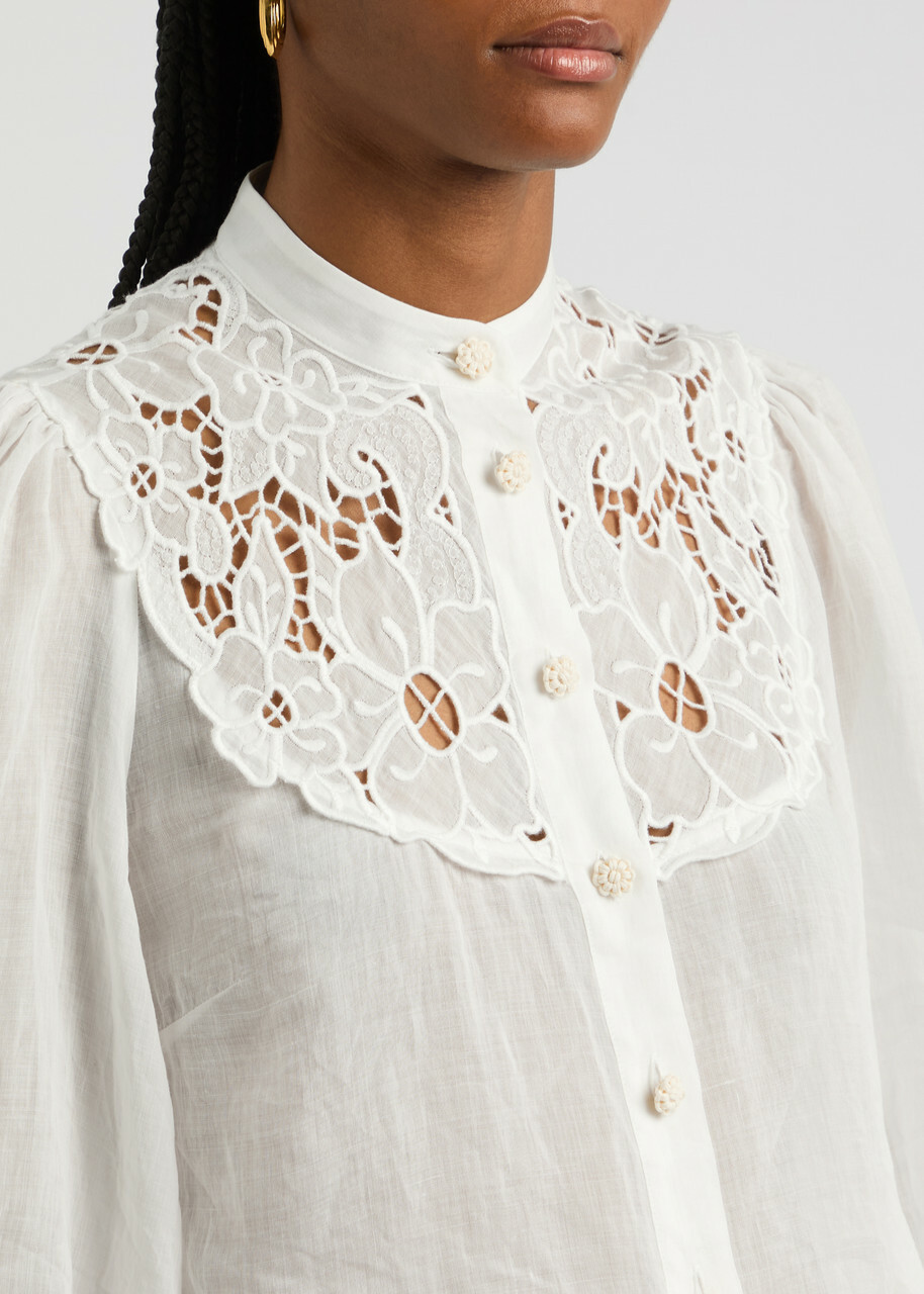 Zimmermann Golden Embroidered Ramie Blouse Ivory