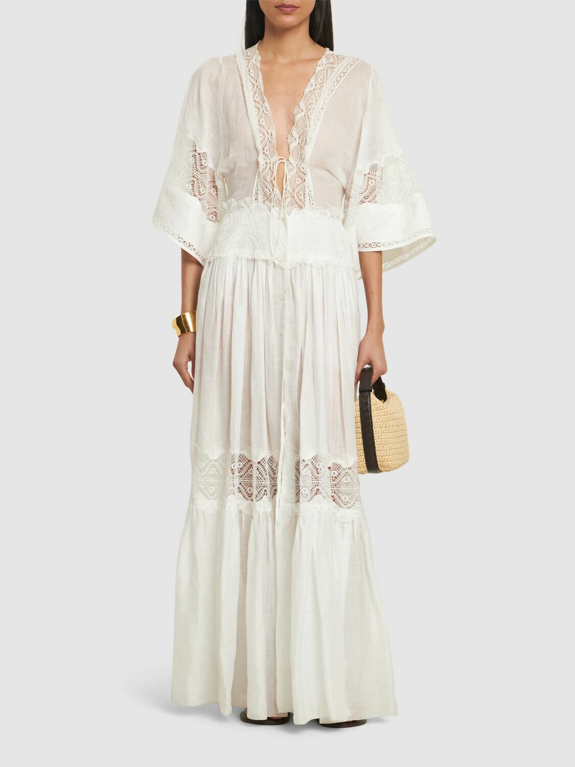chinese dress ladies Long lingerie-style dress in linen and cotton lace