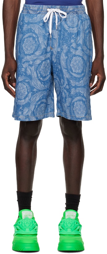 Photo: Versace Blue Barocco Denim Shorts