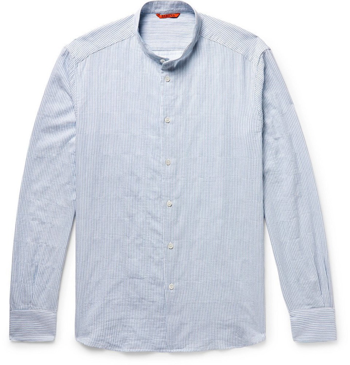 Photo: Barena - Tamina Grandad-Collar Striped Crinkled Stretch-Cotton Shirt - Men - Blue