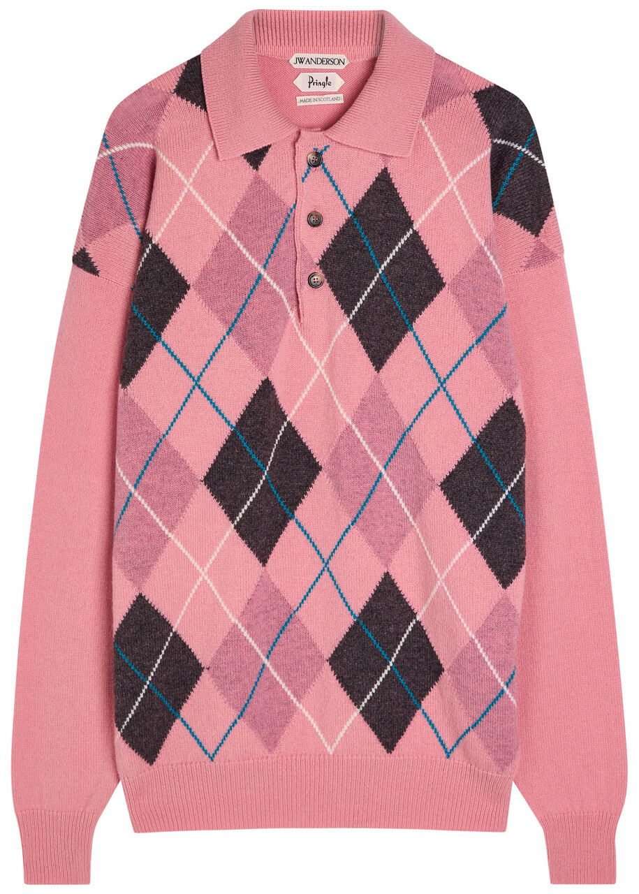 JW Anderson Pringle Argyle Wool Polo Jumper Pink