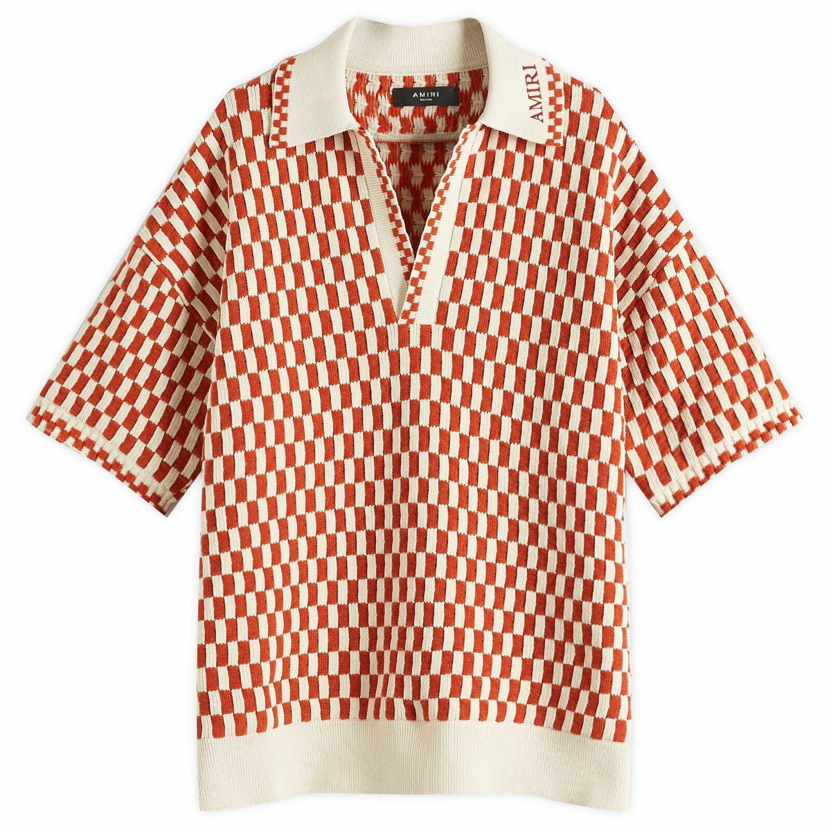 Tシャツ・カットソー AMIRI SS25 CHECKERED OVERSIZED POLO (AMKNPO1057 BURNT ORAN) AMIRI Men's Checkered Oversized Woven Polo in Burnt Orange Amiri