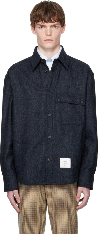 Photo: Thom Browne Navy Oversized PC Solid Donegal Tweed Shirt