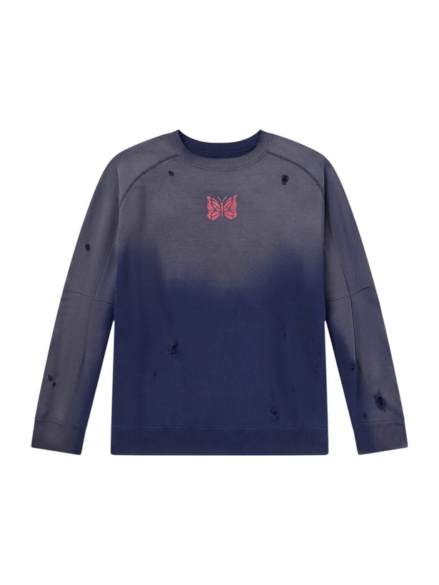 Photo: Needles - Logo-Print Distressed Cotton-Jersey Sweatshirt - Blue