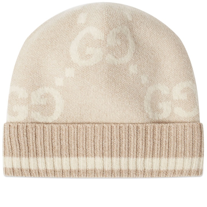 Photo: Gucci Men's GG Knitted Beanie Hat in Camel/White