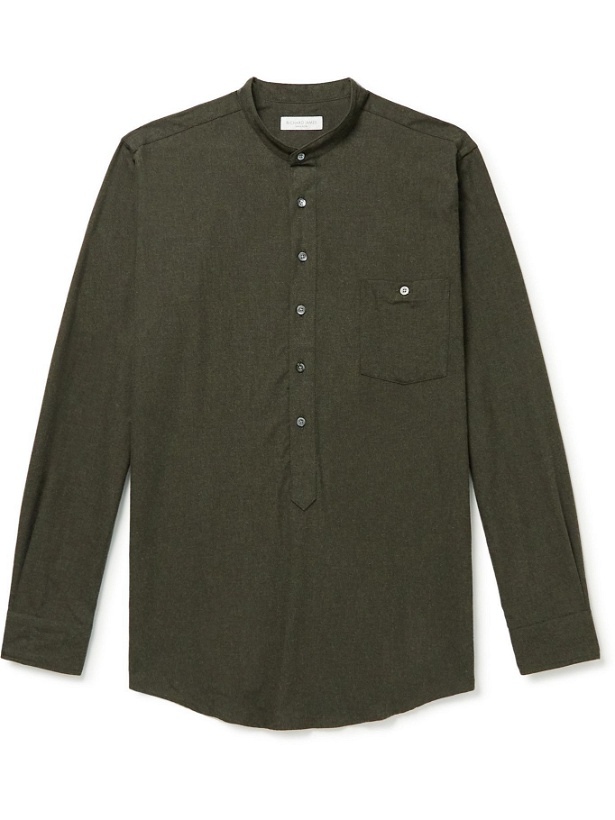 Photo: Richard James - Grandad-Collar Cotton-Flannel Half-Placket Shirt - Green