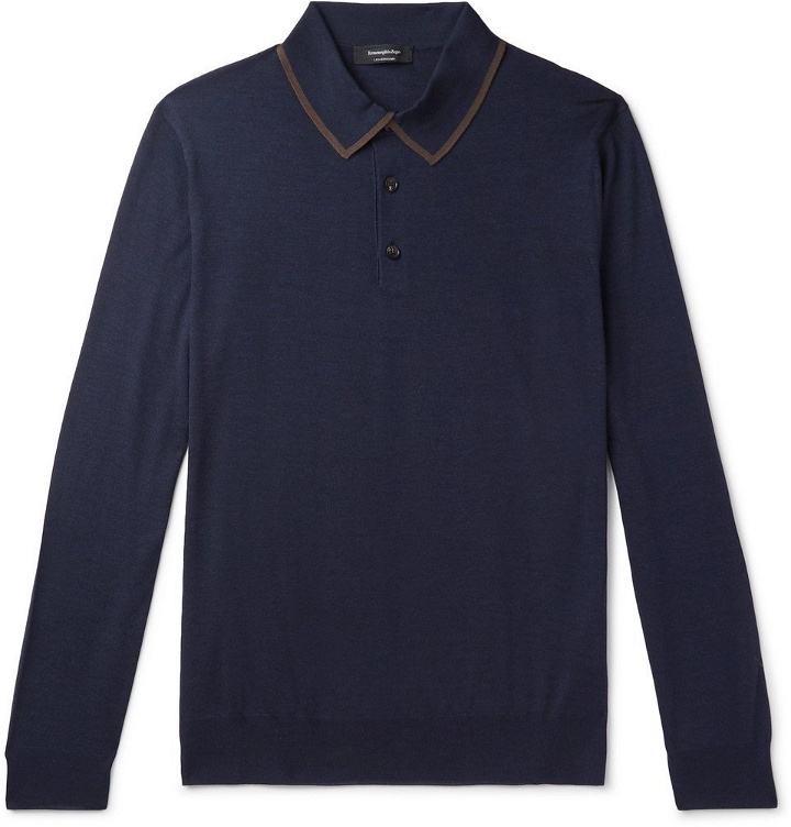 Photo: Ermenegildo Zegna - Contrast-Tipped Wool and Silk-Blend Polo Shirt - Men - Navy