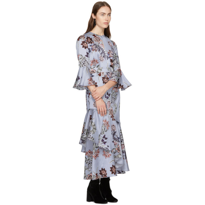 slate blue prom dress Frayed Floral-print Crinkled-Satin Midi Dress – Belinda International