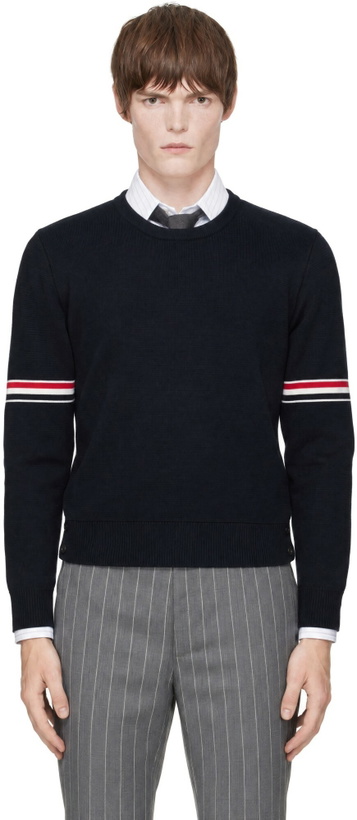 Photo: Thom Browne Navy Milano Stitch Pullover RWB Armband Sweater