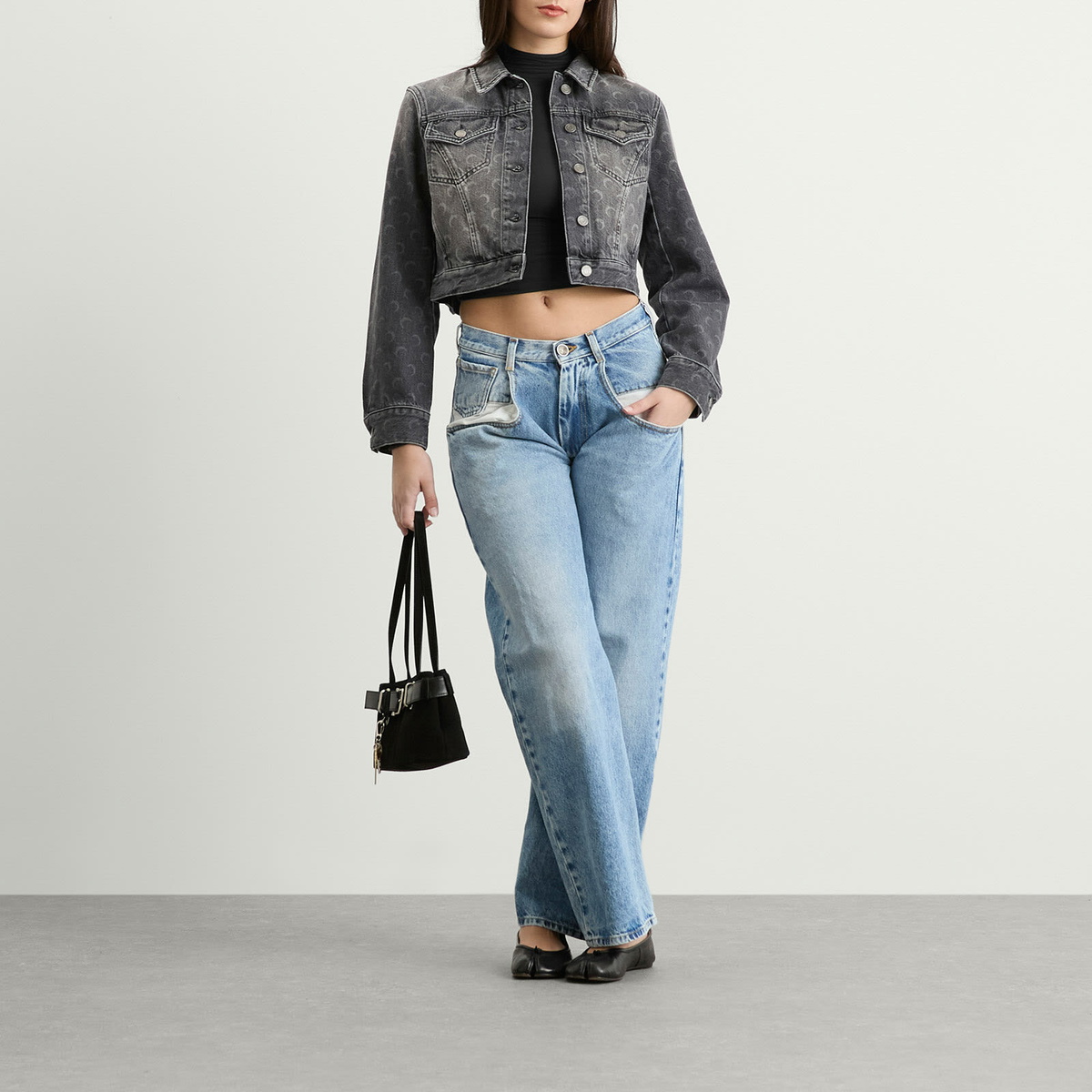 Marine Serre Women's Moon Laser Denim Crop Jacket in Dark Grey