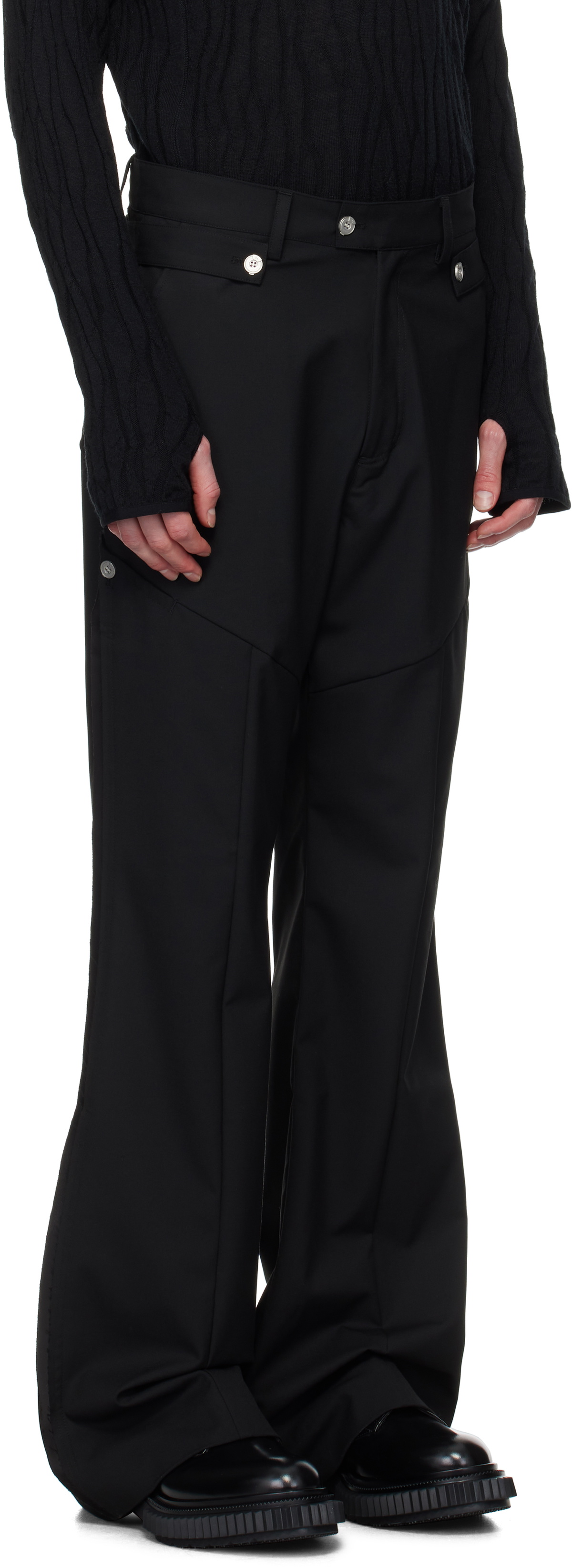 C2H4 Black Paneled Wide Leg Tailored Trousers