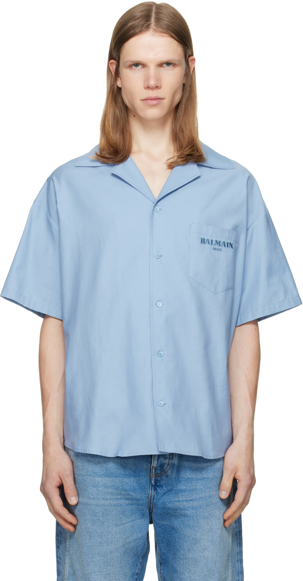 BALMAIN Blue Herringbone Poplin Short Sleeve Shirt