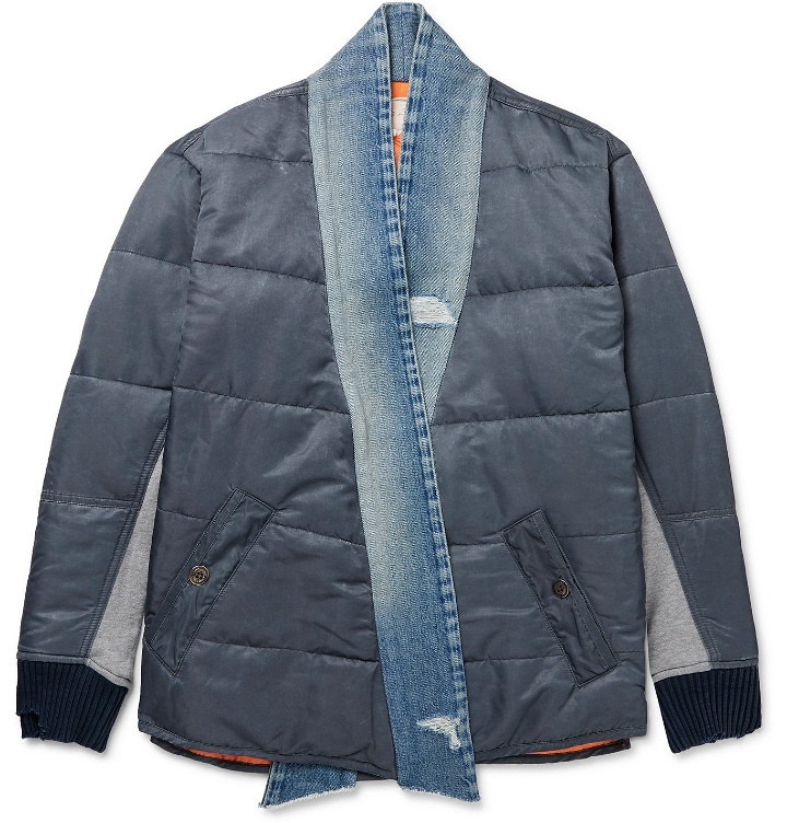 Photo: Greg Lauren - Distressed Denim-Trimmed Embroidered Panelled Shell and Jersey Bomber Jacket - Blue