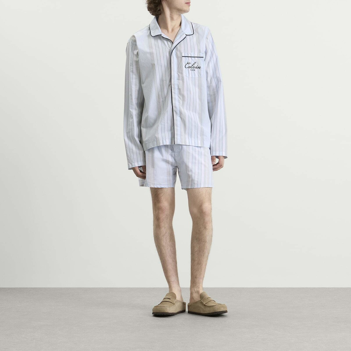 Calvin Klein Men's Poplin Script Button Down Pyjama Top in Crest Stripe/Ice Castle