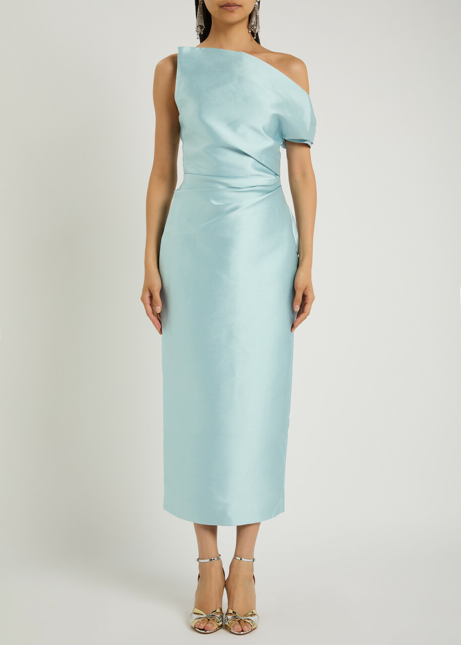 Solace London Ellison One-shoulder Faille Midi Dress Light Blue
