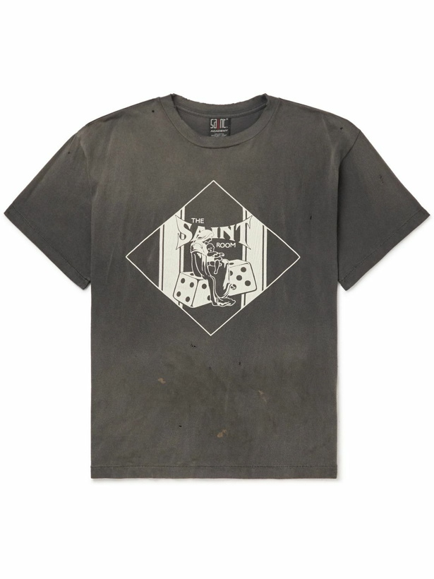 Photo: SAINT Mxxxxxx - Logo-Print Distressed Cotton-Jersey T-Shirt - Gray