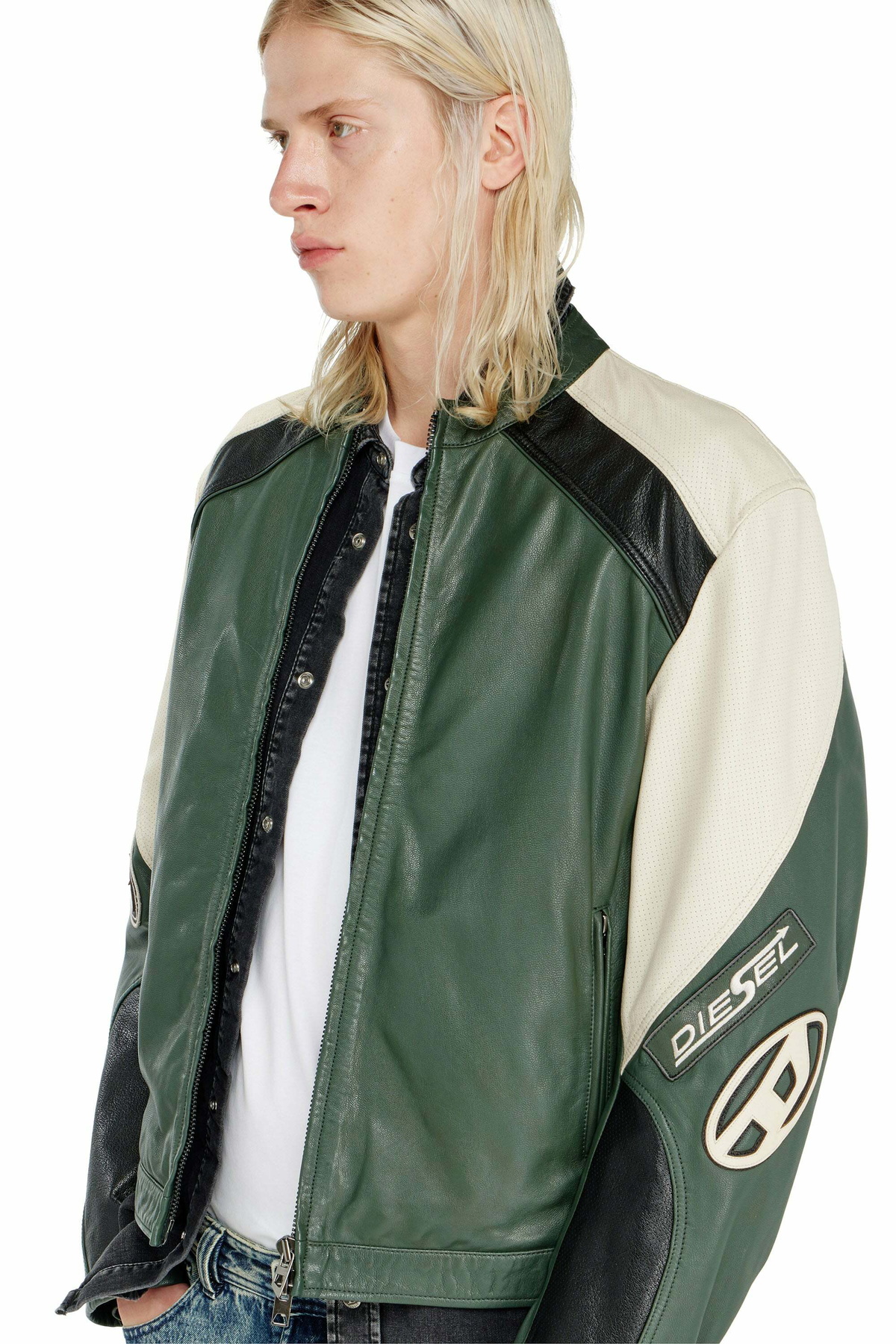 Diesel Biker jacket in colour-block perforated leather - Leather jackets - Man -
