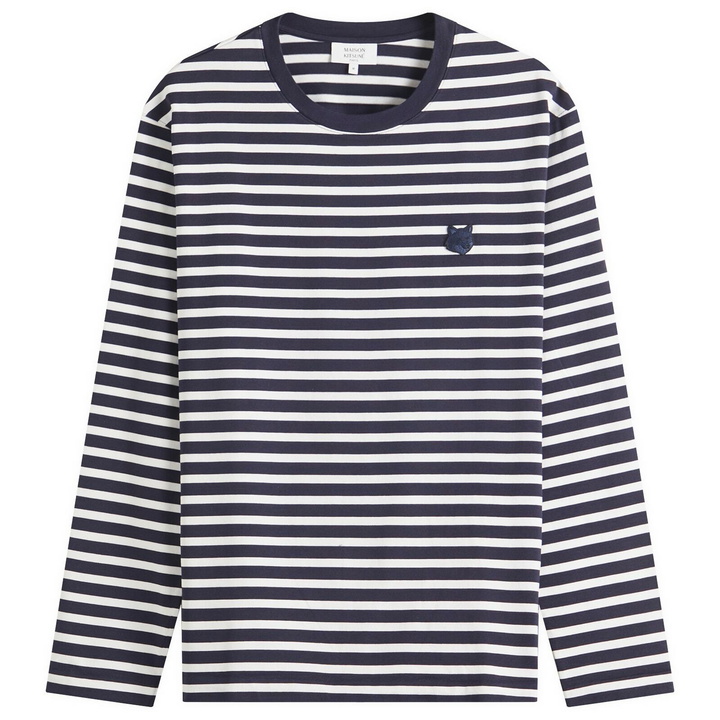 Photo: Maison Kitsuné Men's Bold Fox Head Patch Mariner Long Sleeve T-Shirt in Navy Stripes