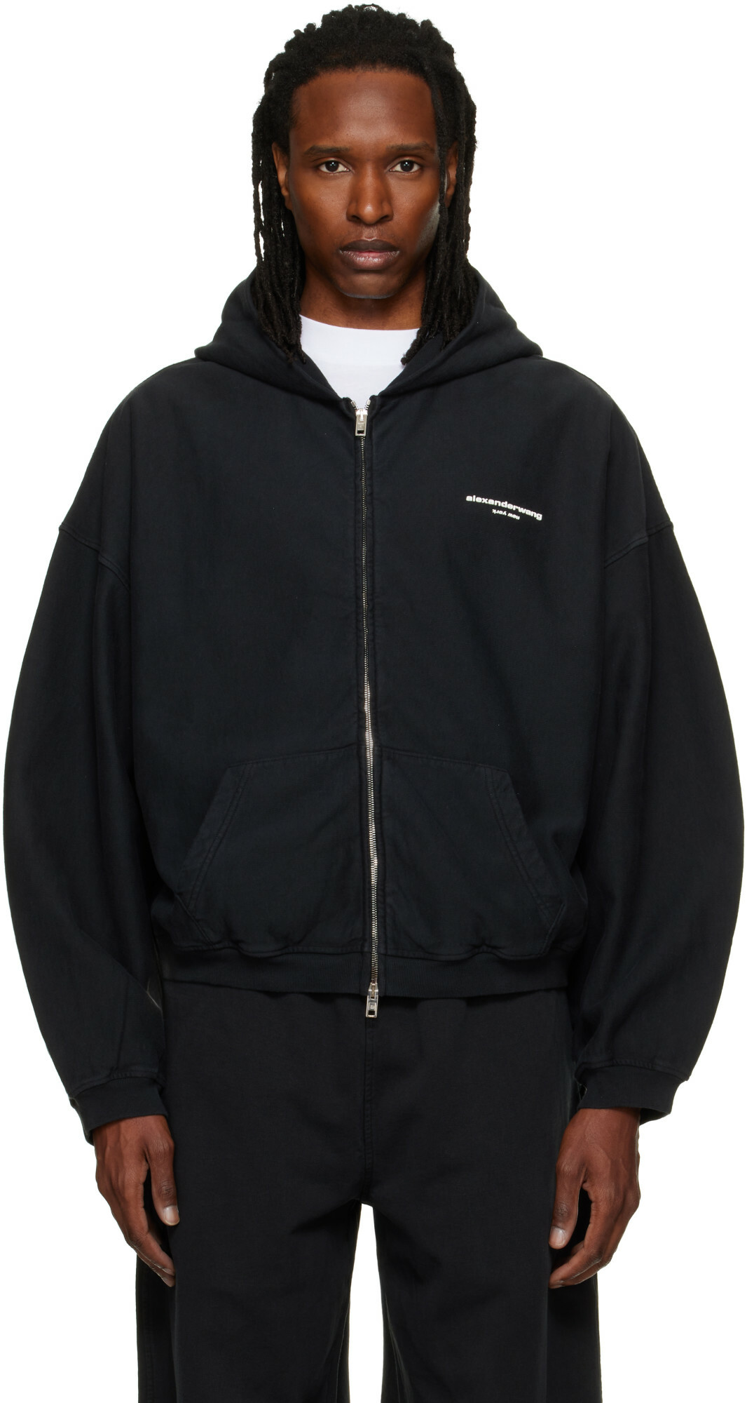 Alexander Wang Black Logo Print Oversized Zip Up Hoodie