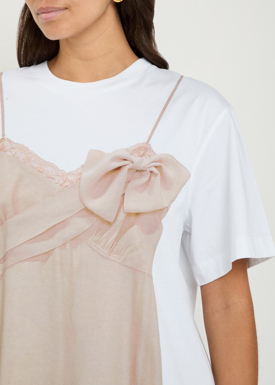 Simone Rocha Bow Sash Slip Dress Trompe L'oeil Printed Cotton T-shirt White