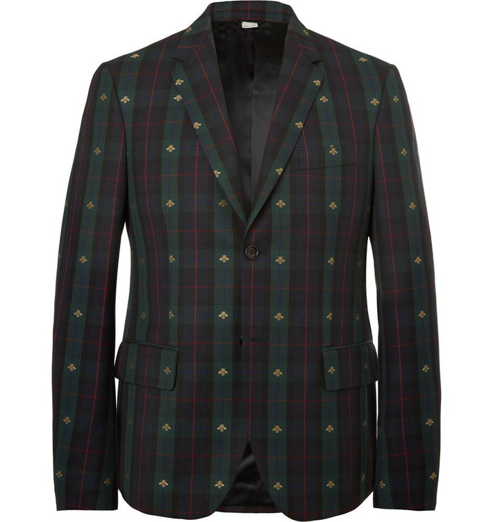 Photo: Gucci - Embroidered Checked Wool-Twill Blazer - Men - Green