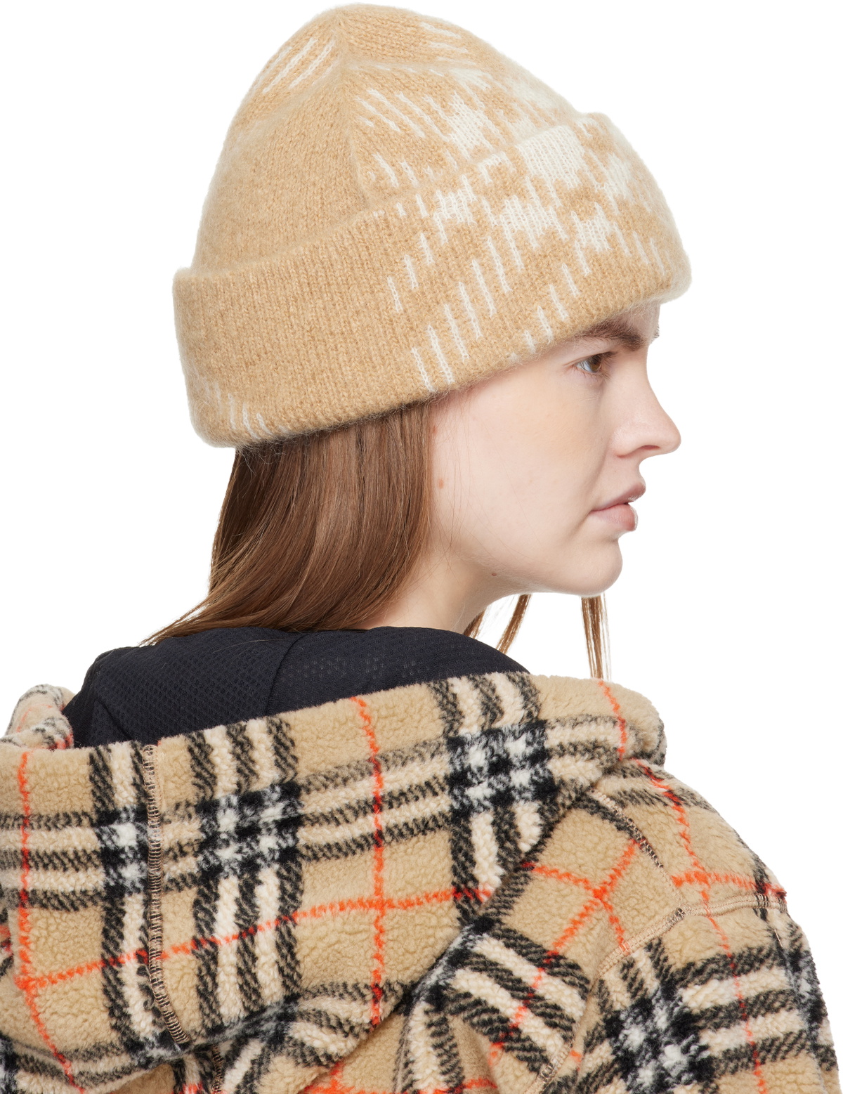 Burberry Beige Check Mohair Wool Blend Beanie