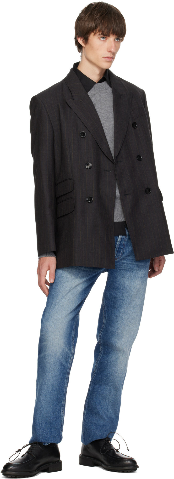 AMI Paris Gray Double-Breasted Striped Wool Blazer