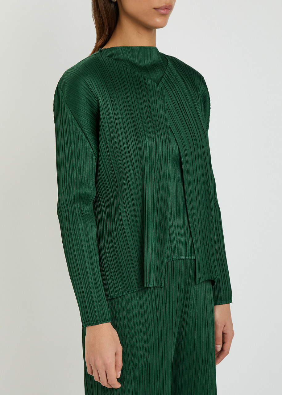 Pleats Please Issey Miyake Pleated Woven Cardigan Dark Green