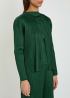 Pleats Please Issey Miyake Pleated Woven Cardigan Dark Green
