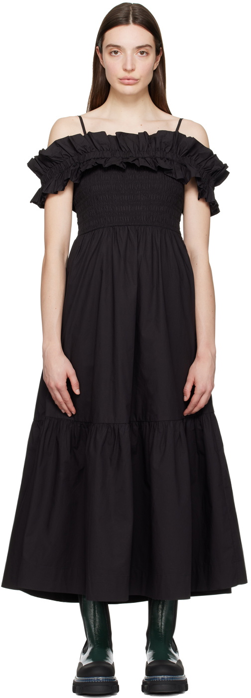 GANNI Black Smock Maxi Dress GANNI