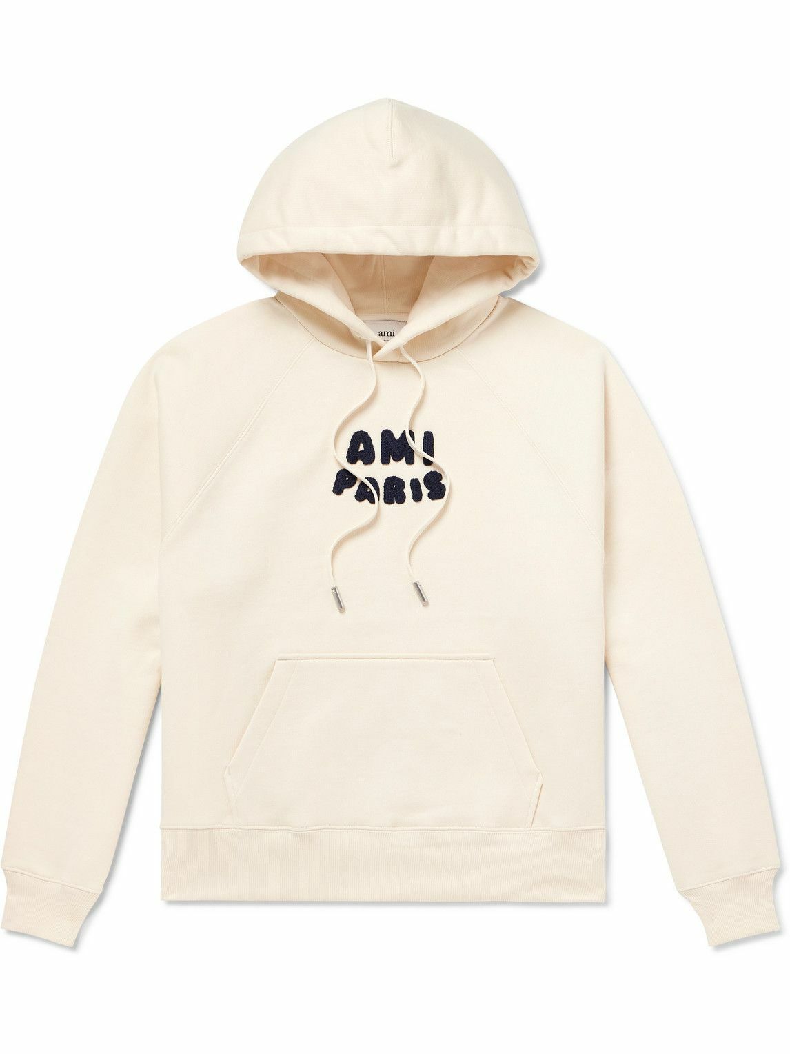 AMI PARIS - Logo-Flocked Organic Cotton-Jersey Hoodie - Neutrals AMI