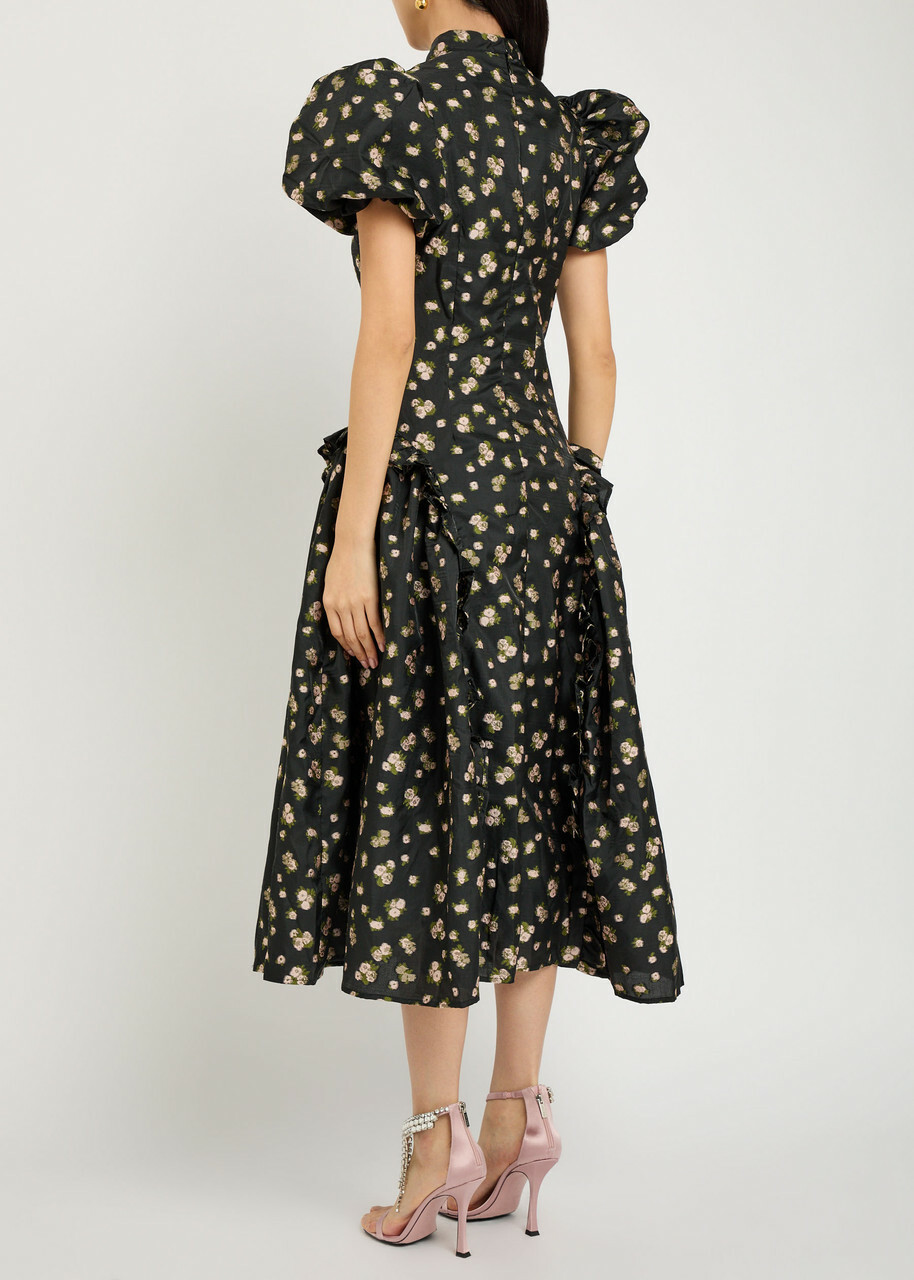 Sister Jane Tea Rose Floral-jacquard Woven Midi Dress Black