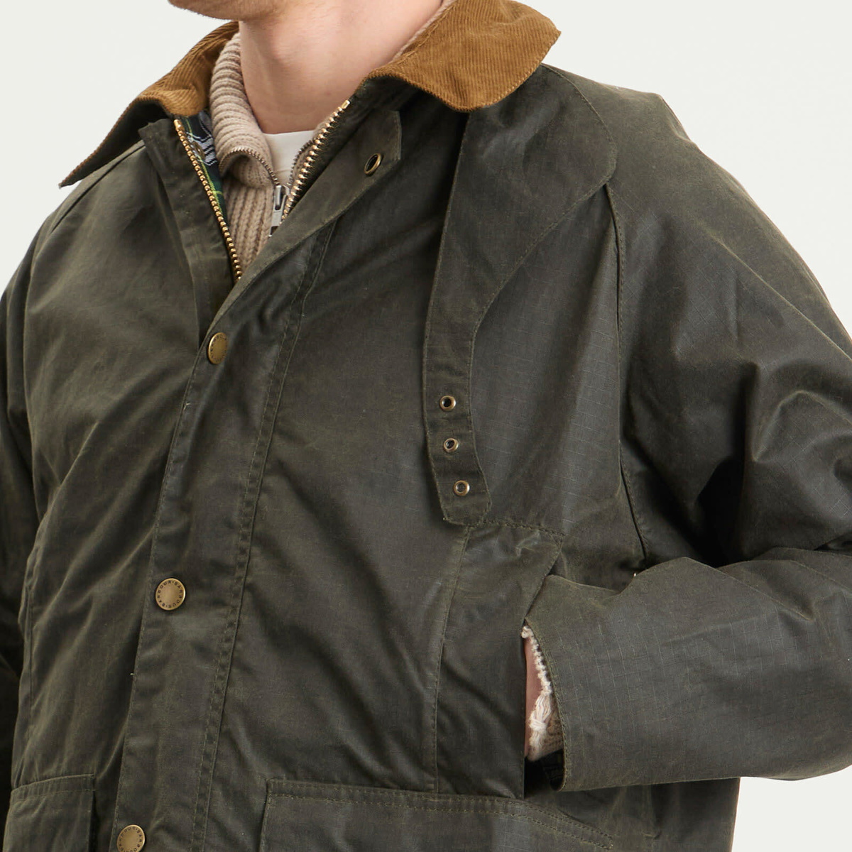Barbour Men's Heritage+ Modified Beaufort Spectator Wax Jacket in Archive Olive