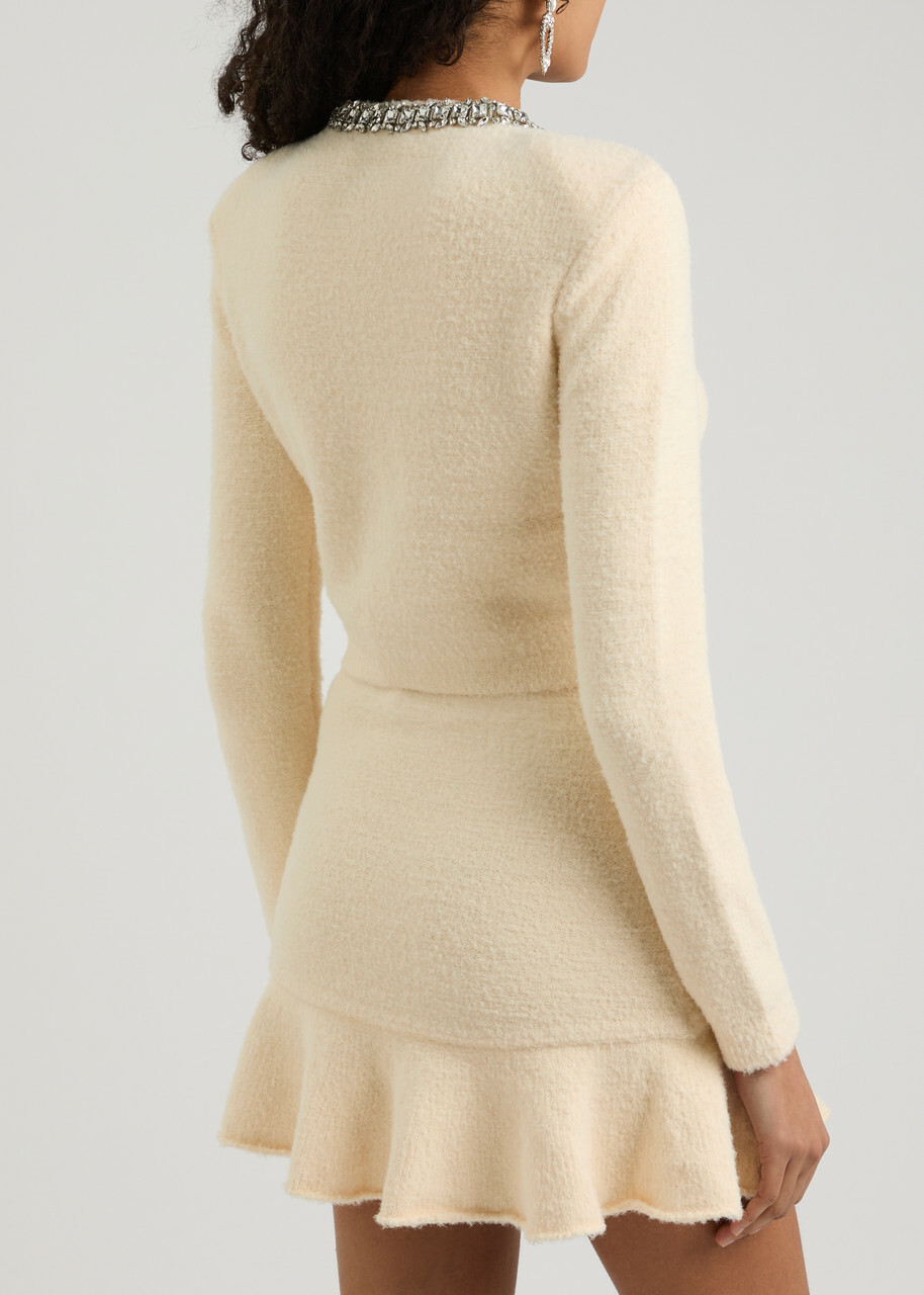 Self-portrait Crystal-embellished Knitted Cardigan Cream