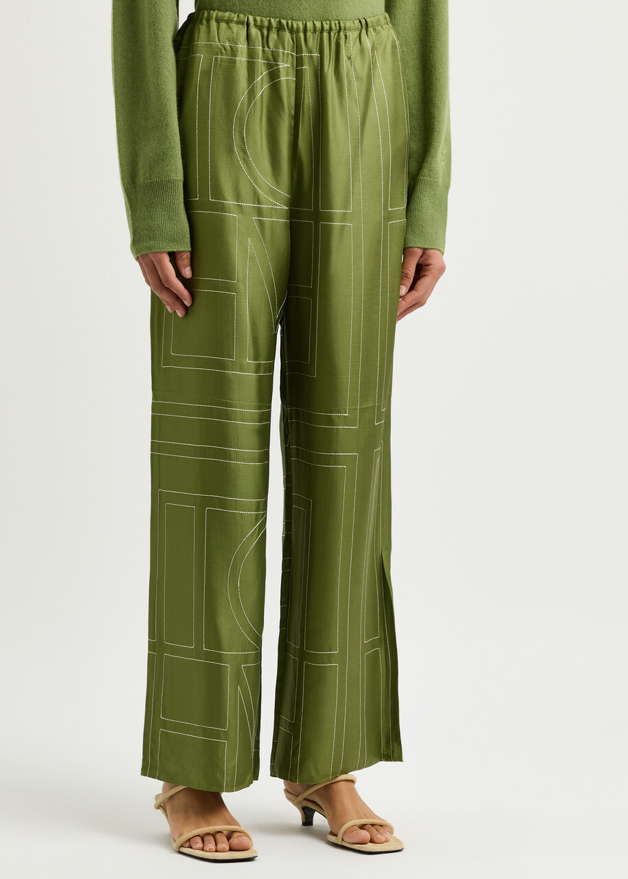 Toteme Logo-embroidered Silk-satin Trousers Green Toteme
