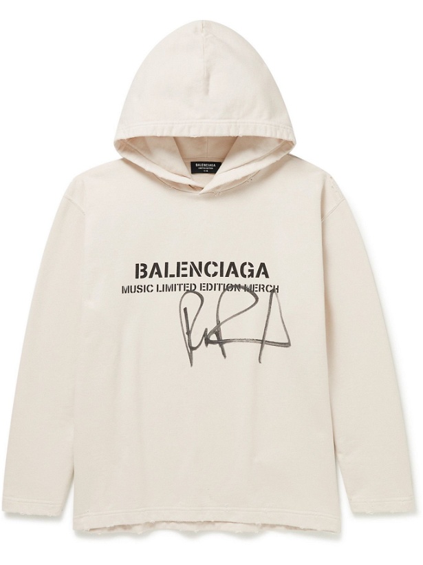 Photo: Balenciaga - RuPaul Oversized Distressed Logo-Print Cotton-Jersey Hoodie - Neutrals