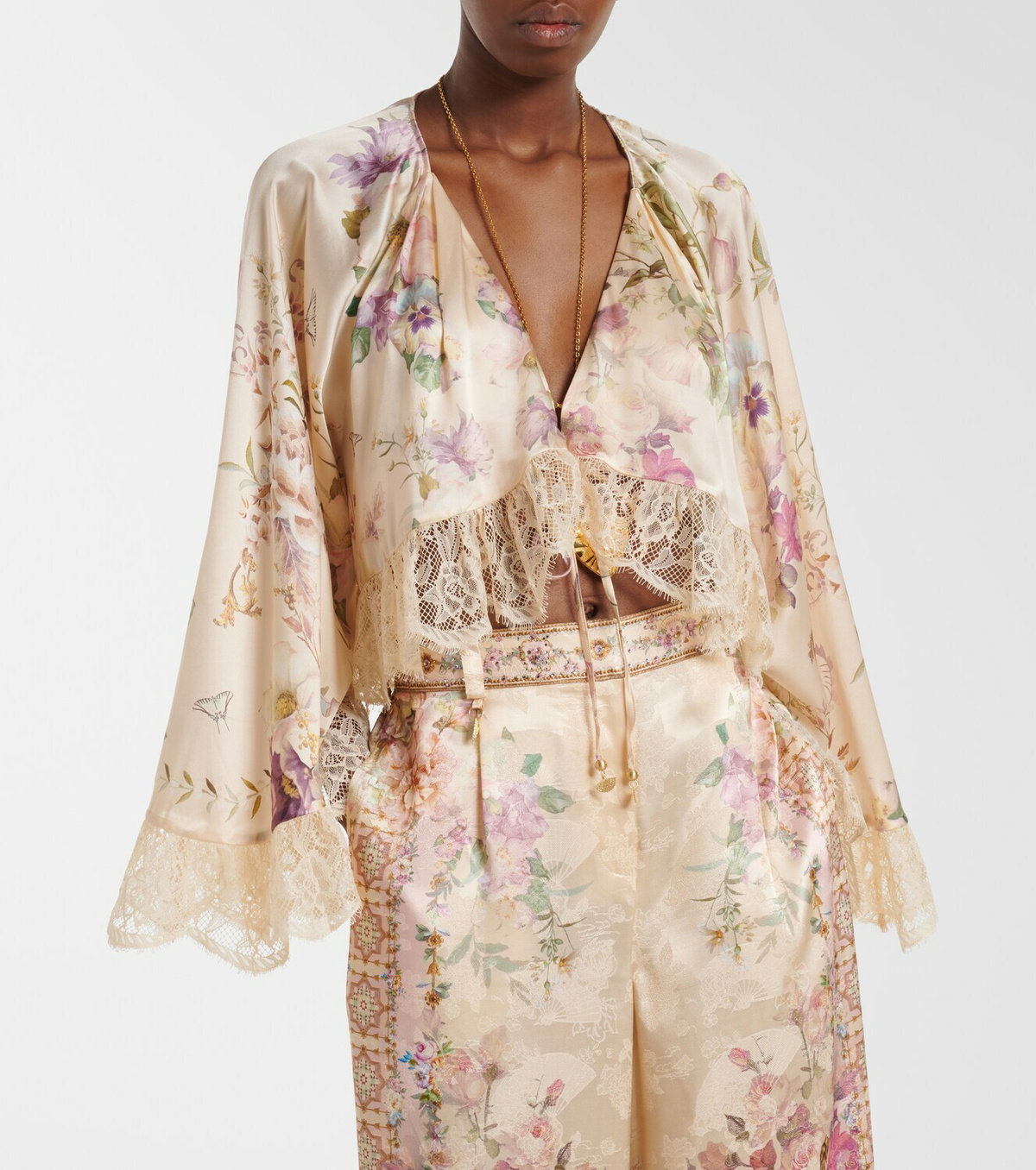 Camilla Lace-trimmed floral silk crop top