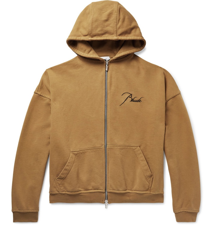 Photo: Rhude - Oversized Logo-Embroidered Loopback Cotton-Jersey Zip-Up Hoodie - Brown