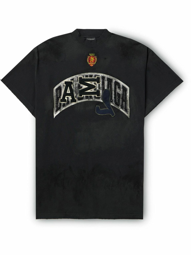 Photo: Balenciaga - Oversized Distressed Logo-Appliquéd Cotton-Jersey T-Shirt - Black