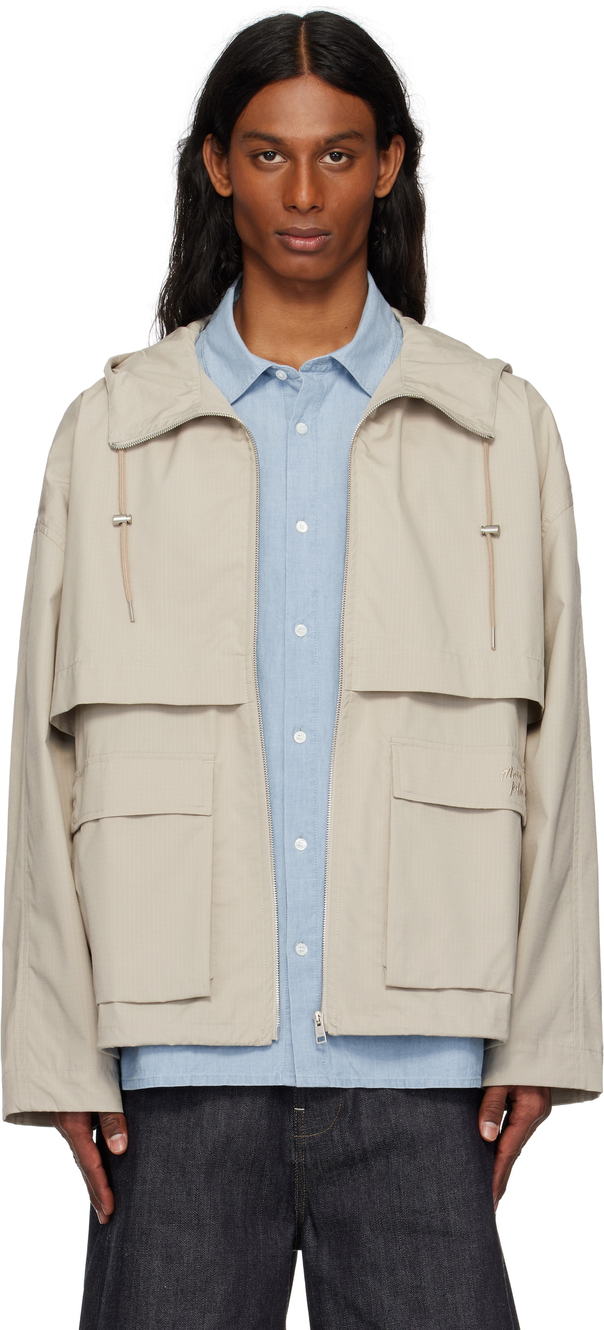 Maison Kitsuné Taupe Hooded Zipped Windbreaker Jacket