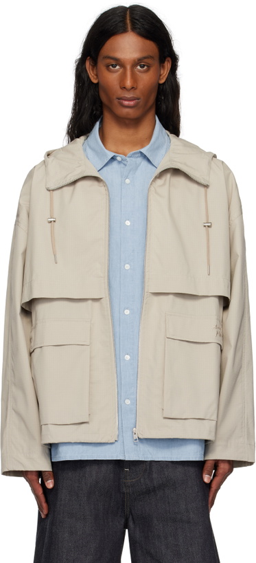 Photo: Maison Kitsuné Taupe Hooded Zipped Windbreaker Jacket