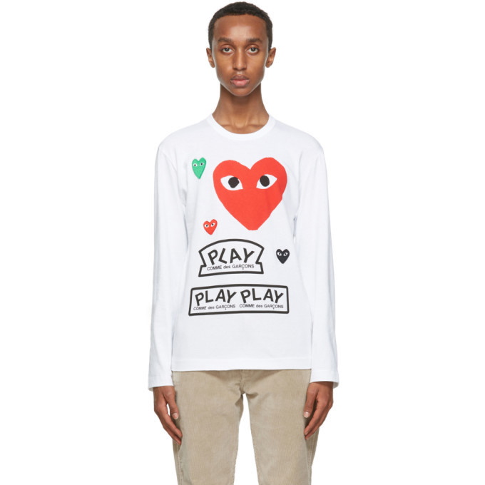 Photo: Comme des Garcons Play White and Red Multi Logo Long Sleeve T-Shirt