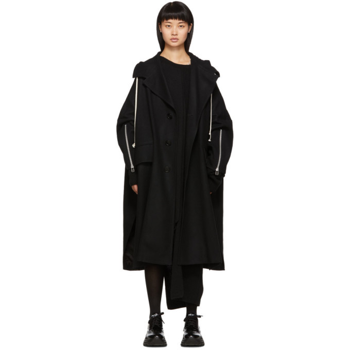 Regulation Yohji Yamamoto Black Wool Side-Slit Hooded Coat