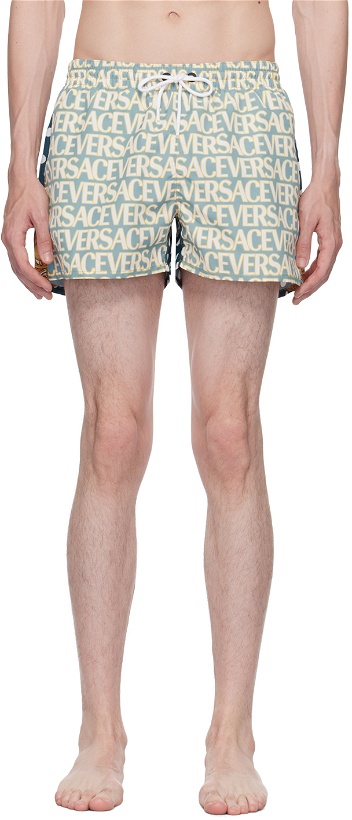 Photo: Versace Underwear Blue & Off-White Allover Swim Shorts